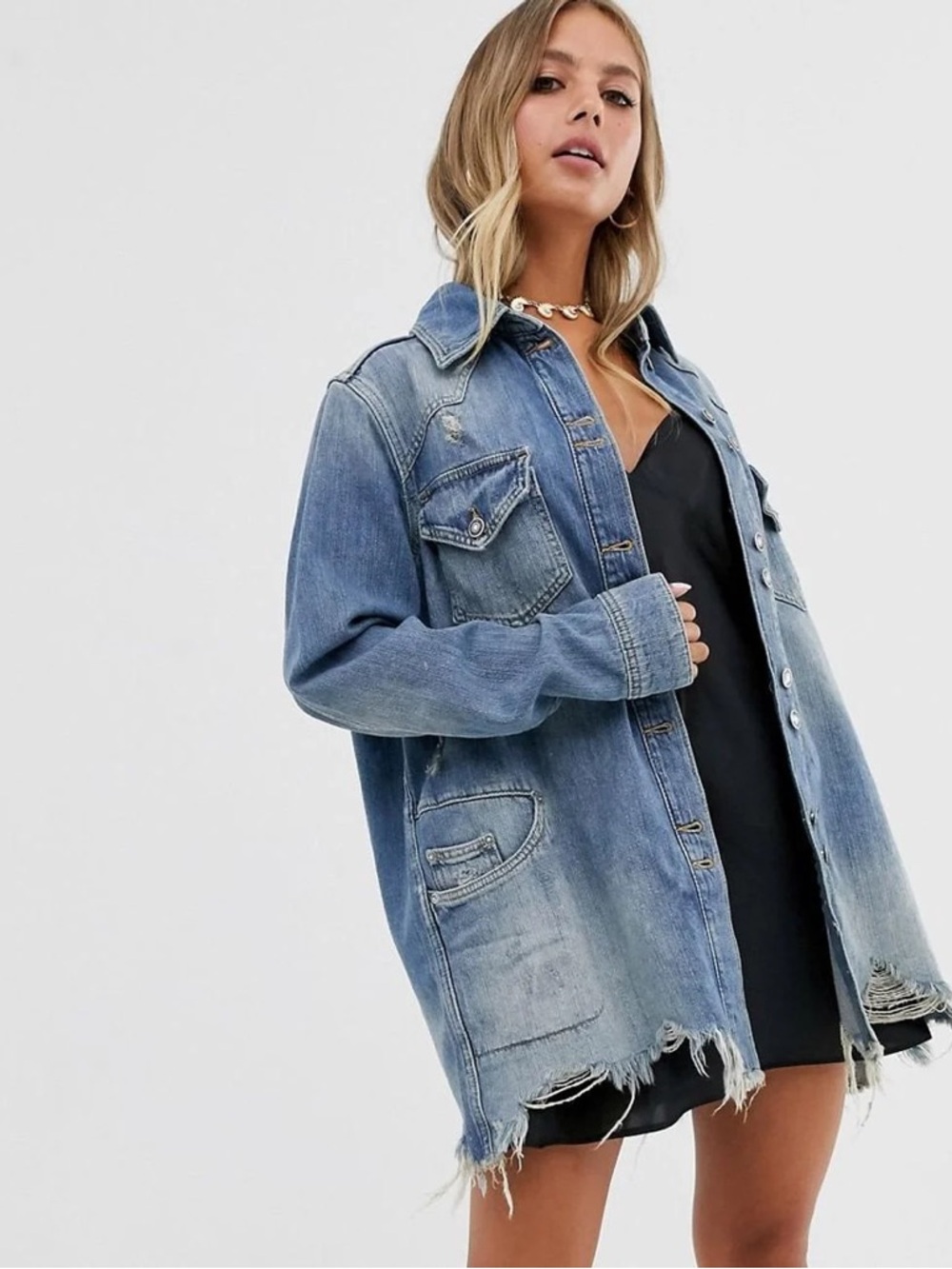Free People Oversized Distressed Denim Jacket - Light Blue Size S